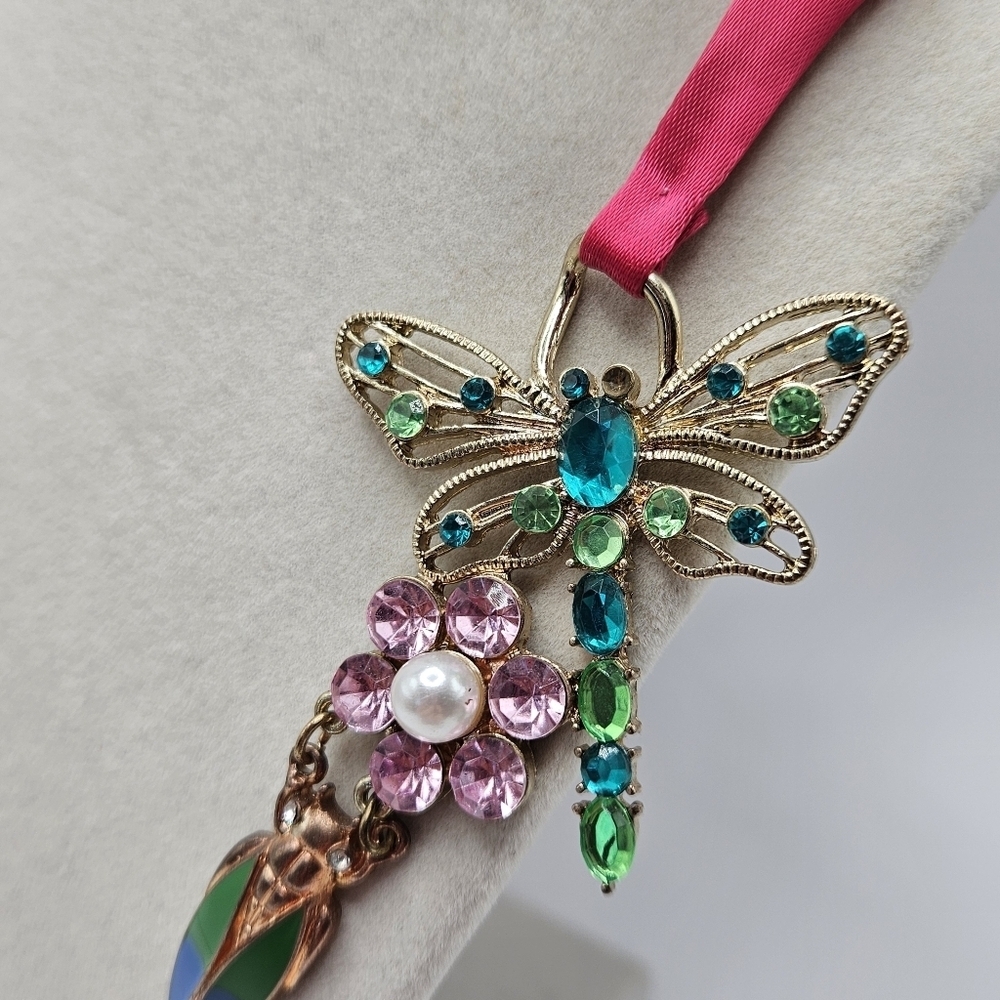 VINTAGE Ornate Rhinestone Dragonfly Cicada Butterfly Ribbon Statement Necklace - Picture 5 of 9